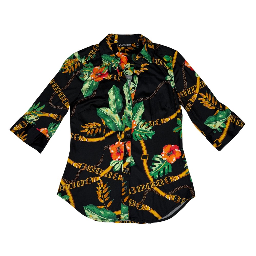 NY&C 7th Avenue XS Tropical Floral Belt Chain Print Button Up‎ Shirt Stretch